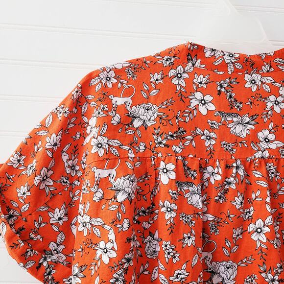 Charter Club Luxury Top XL Linen Blend Orange Tie Front Floral Monkies Cheetah - Picture 9 of 11